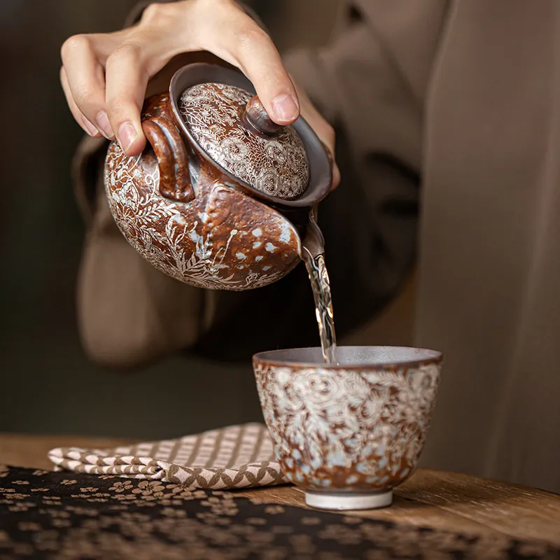Bulk Floral Silver Glazed Shiboridashi Teapot Old Rock Clay Gaiwan