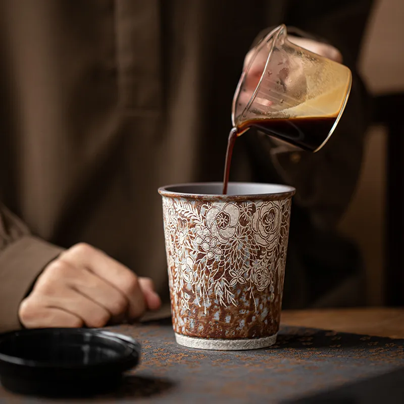 Bulk Old Rock Clay Silver Floral Coffee Cup Large Rustic Ceramic Tumbler