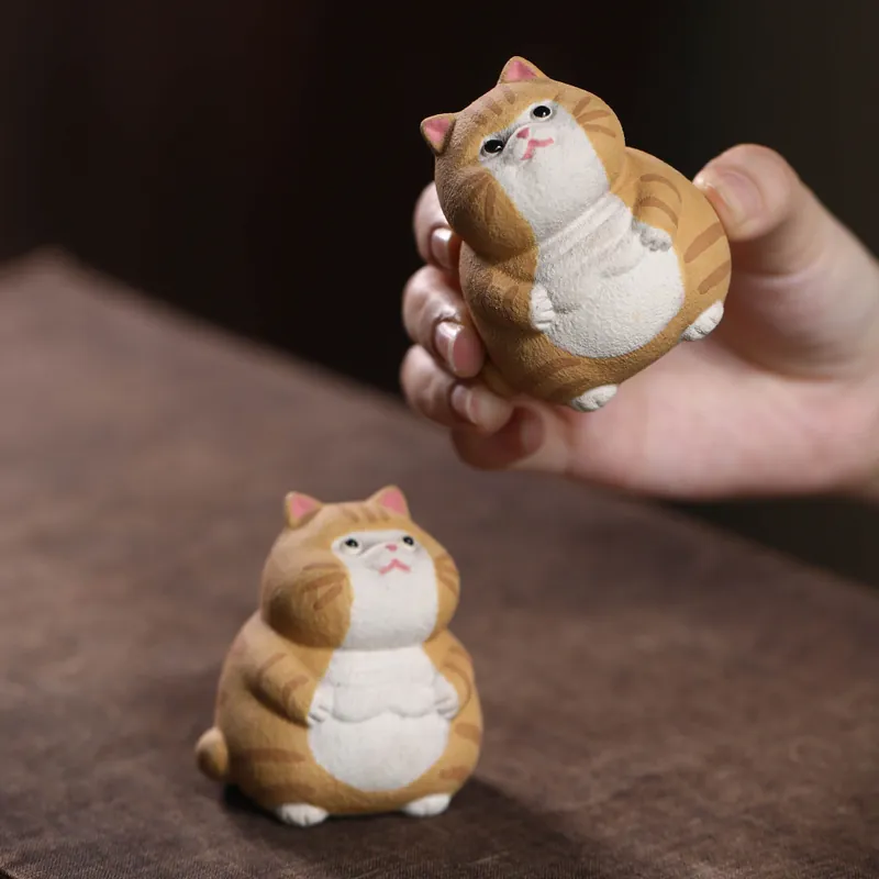 Customized Handmade Yixing Zisha Lucky Orange Cat Tea Pet Figurine