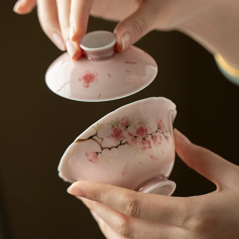 Hand Painted Ceramic Tall Foot Gaiwan Tea Cup Wholesale Gongfu Teaware