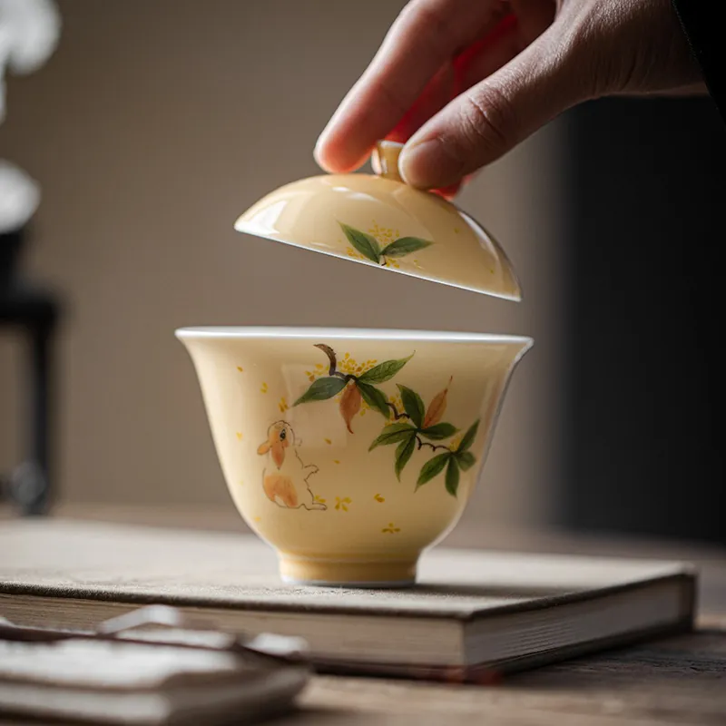 Hand Painted Osmanthus Rabbit Gaiwan Handmade White Porcelain Gongfu Tea Cup