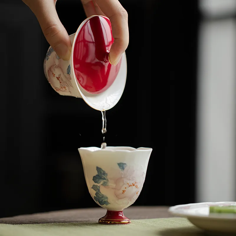 Hand Painted Peony Gaiwan Gold Trim Handmade Gongfu Tea Cup Tea Art Gift