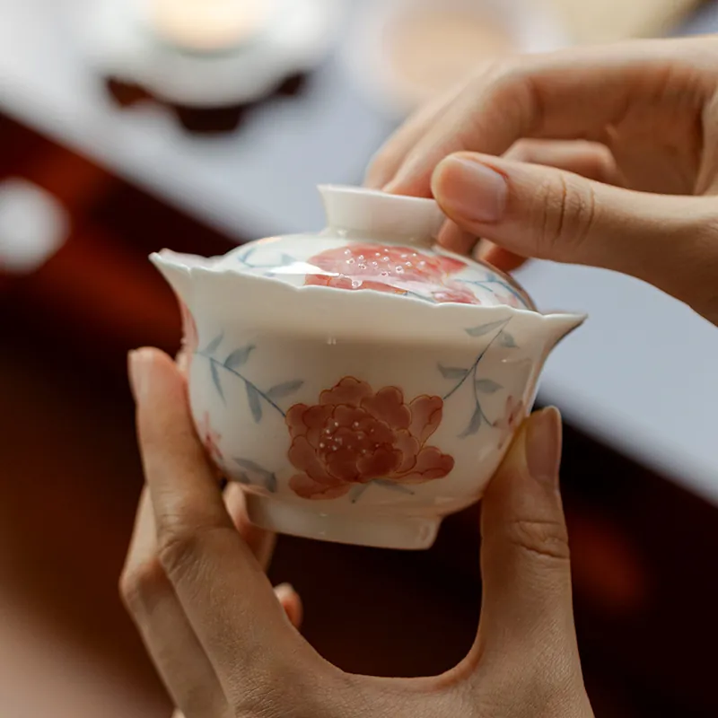 Hand Painted Peony Gaiwan Handmade Ceramic Gongfu Tea Bowl Wholesale