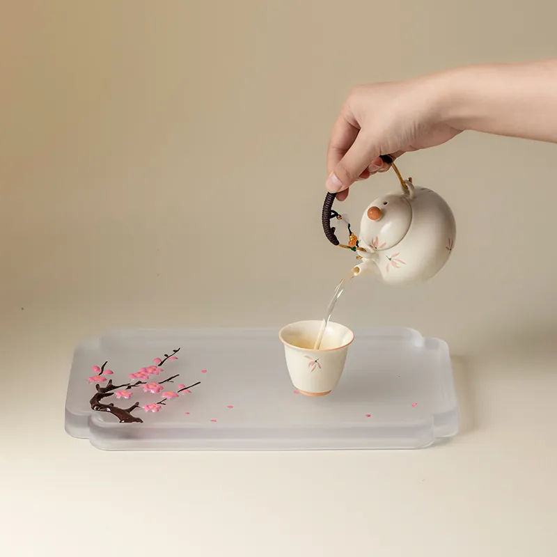Hand Painted Plum Blossom Glass Tea Tray Small Chinese Style Dry Brew Tray