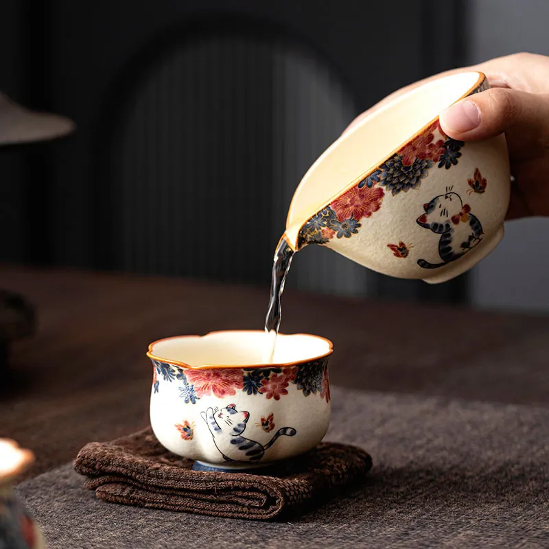 Handmade Ceramic Cat Aroma Cup White Clay Gongfu Tasting Cup Gift