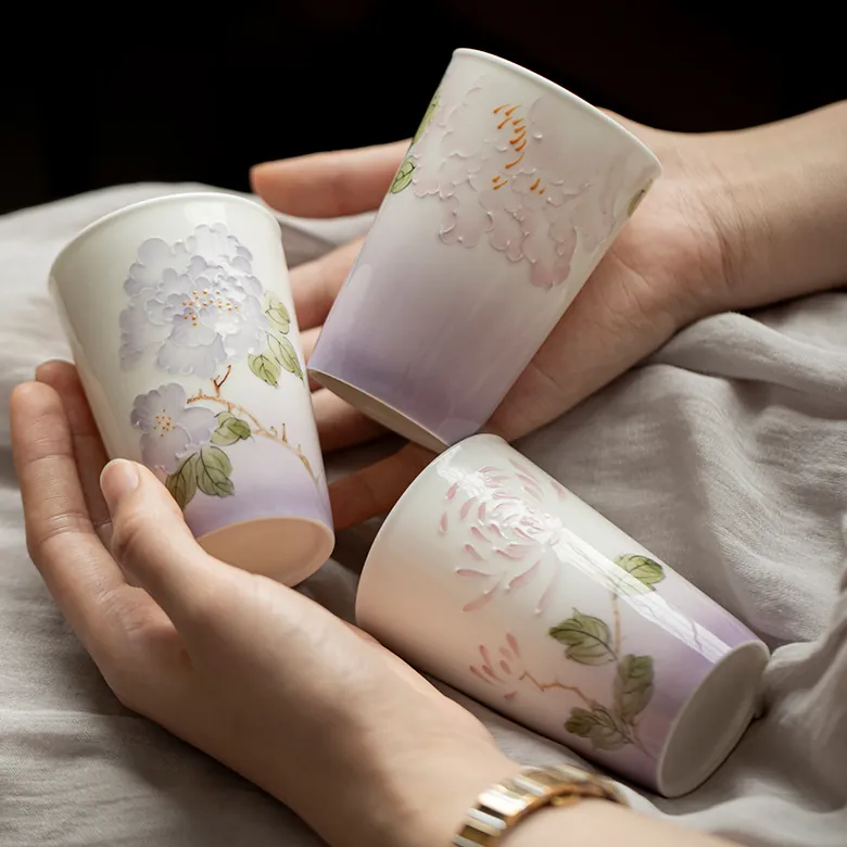 Handmade Ceramic Twelve Flower Deities Tea Cup Set Custom Chinese Host Cups