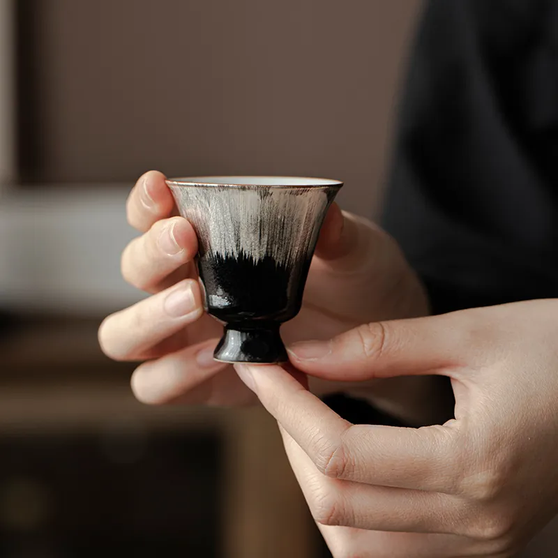 Handmade Wabi Sabi Black Glaze Silver Rim Ceramic Gongfu Tea Cup