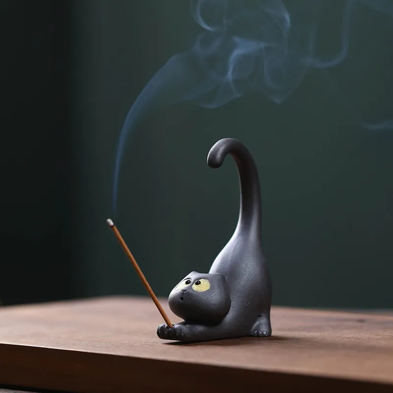 Handmade Yixing Zisha Lucky Cat Tea Pet Black Cat Incense Holder Figurine