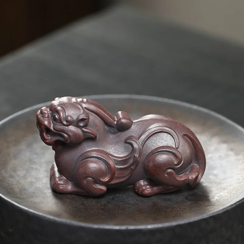 Handmade Yixing Zisha Qilin Tea Pet Fortune Guardian Tea Table Decor