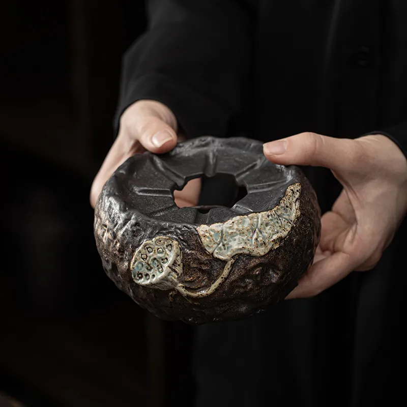 Japanese Gilded Iron Glaze Lotus Pod Tea Warmer Rustic Ceramic Candle Tea Base