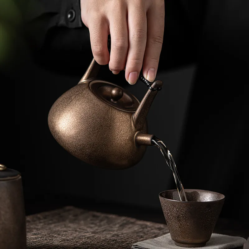 Japanese Gilt Iron Glaze Side Handle Teapot Handmade Small Ceramic Gongfu Pot