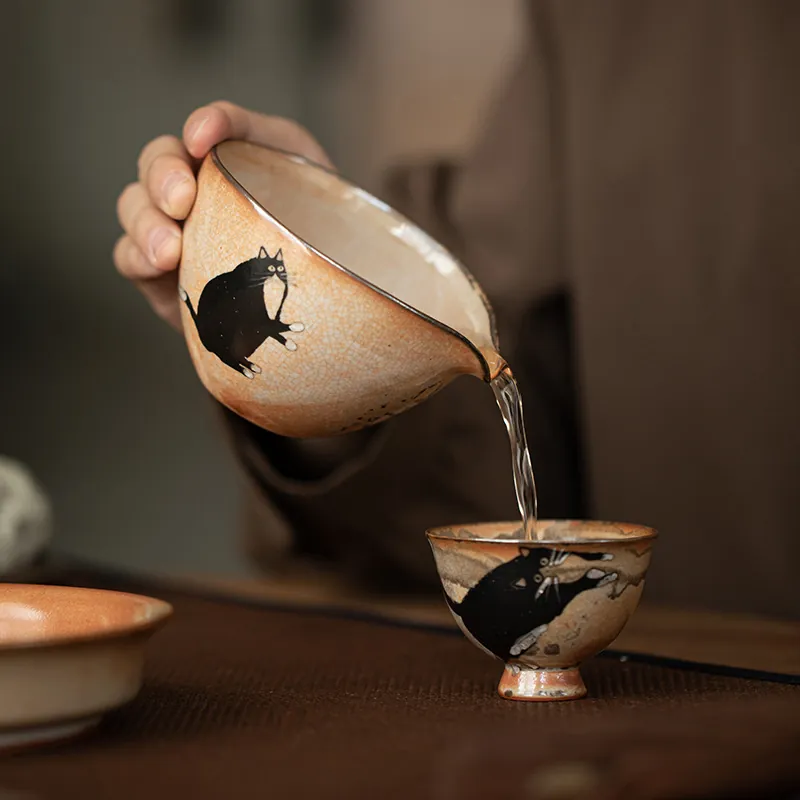 Japanese Shino Cat Fairness Pitcher Handmade Vintage Ceramic Gongfu Tea Server