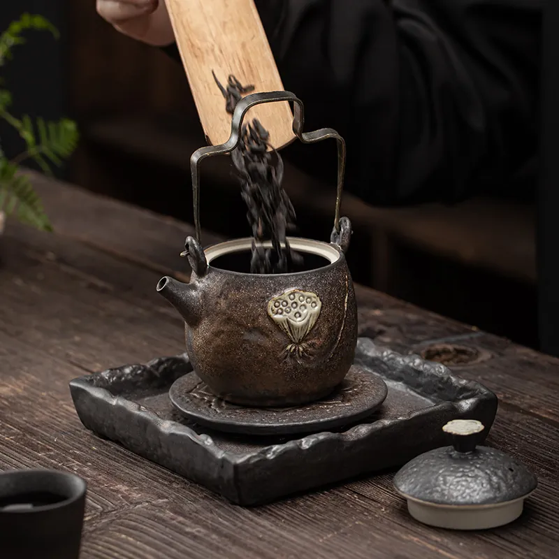 Japanese Style Gilt Iron Glaze Zen Lotus Ceramic Gongfu Teapot