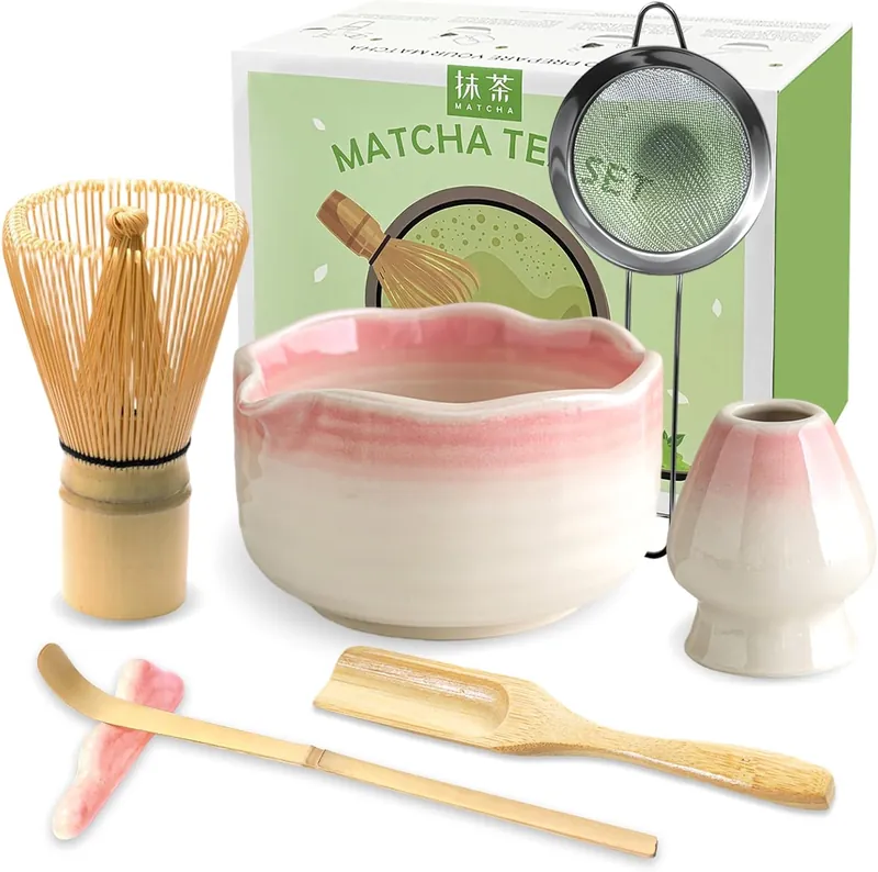 7 Piece Ceramic Matcha Whisk Set with Bowl Holder Chasen Sifter Pink