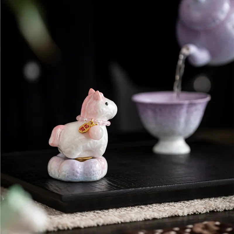 Kiln Changed Crystalline Glaze Cute Cartoon Pony Teapot Lid Holder Decor