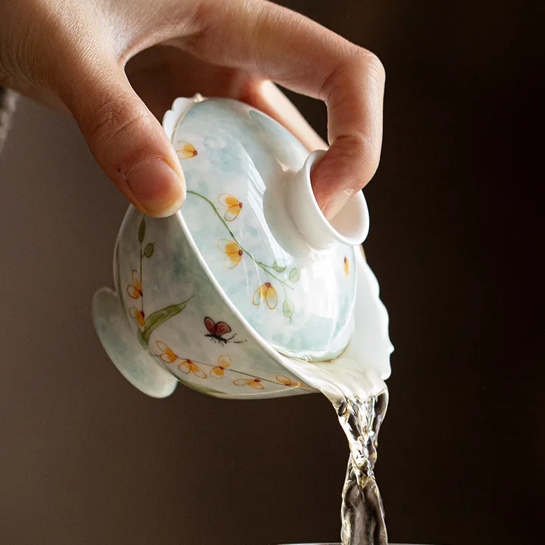 Miyan Hand Painted Orchid Butterfly Gaiwan Handmade Thin Porcelain Tea Bowl