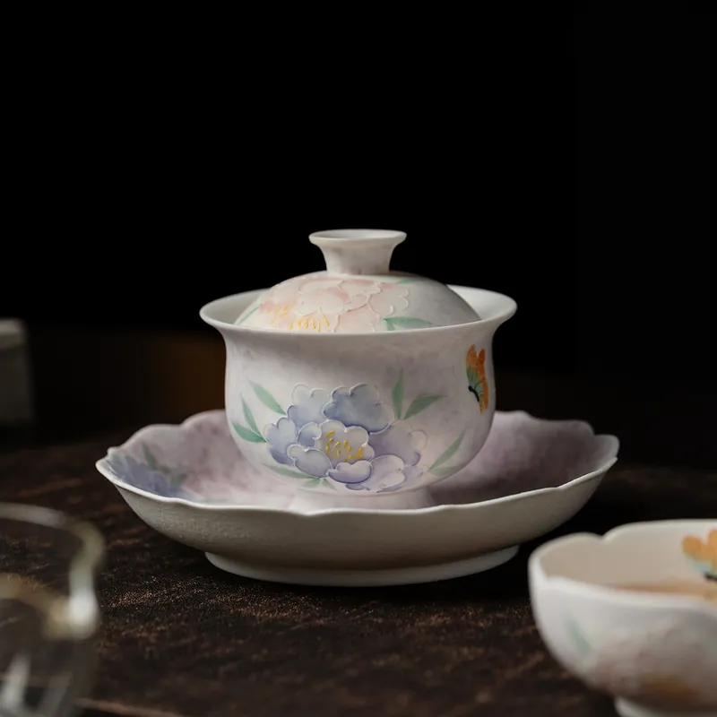 Miyan Hand Painted Peony Ceramic Gaiwan Large Home Gongfu Tea Bowl