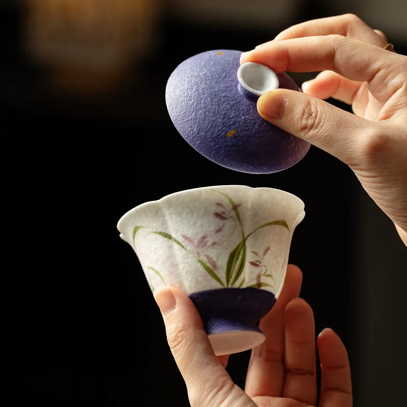 Miyun Purple Hand Painted Orchid Ceramic Gaiwan Thin Rim Gongfu Tea Cup