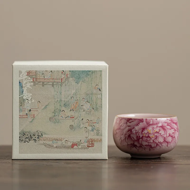 Private Label Pink Ru Kiln Peony Ceramic Tea Cup Large Host Cup Gift Box