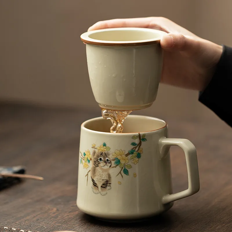 Ru Kiln Cute Cat Ceramic Office Tea Mug With Lid And Infuser