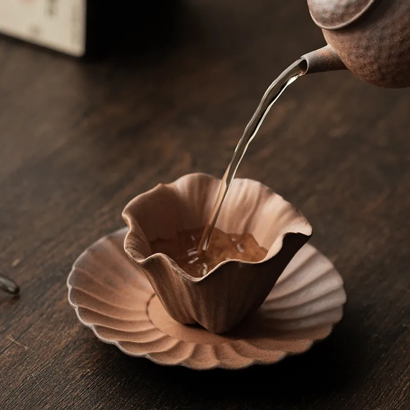 Rustic Stoneware Petal Tea Cup and Saucer Set Old Rock Clay Gongfu Cup