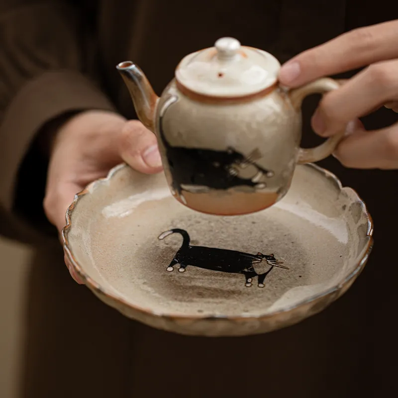 Shino Cat Wave Listening Ceramic Teapot Tray Wholesale Tea Accessory Plate