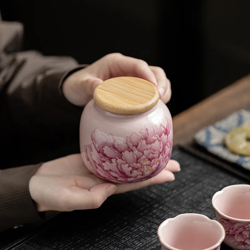Wholesale Pink Ru Kiln Ceramic Tea Caddy with Peony Design and Portable Lid